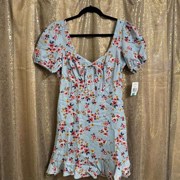 City Triangles Light Blue Floral Linen Spring Dress Medium NWT - Picture 1 of 9